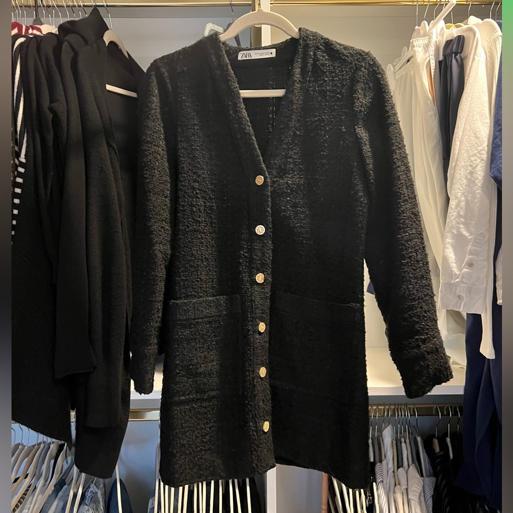 Zara black tweet button down dress. Gold buttons. Size XS